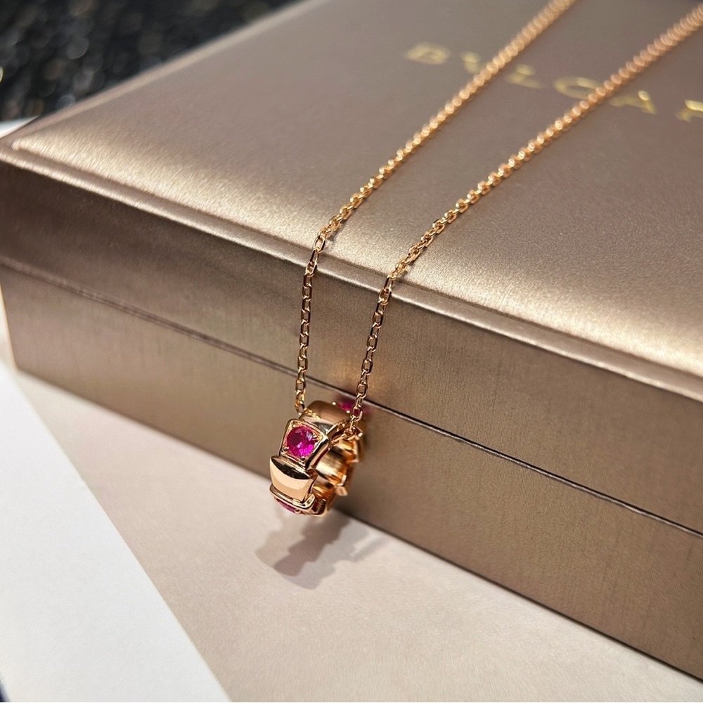 Bulgari Rose Gold Necklace with Red Pendant and Chain Detail - Picture 4 of 8